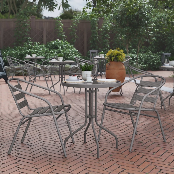 Flash Furniture Lila 23.75in Round Glass Top Metal Table with 2 Silver Aluminum Slat Stack Chairs TLH-071RD-017CSV2-GG - main